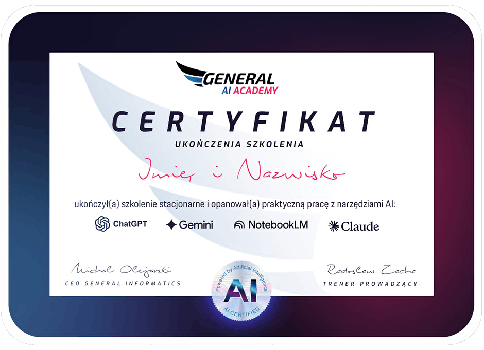 Certyfikat ukończenia szkolenia General AI Academy — ChatGPT, Gemini, NotebookLM, Claude